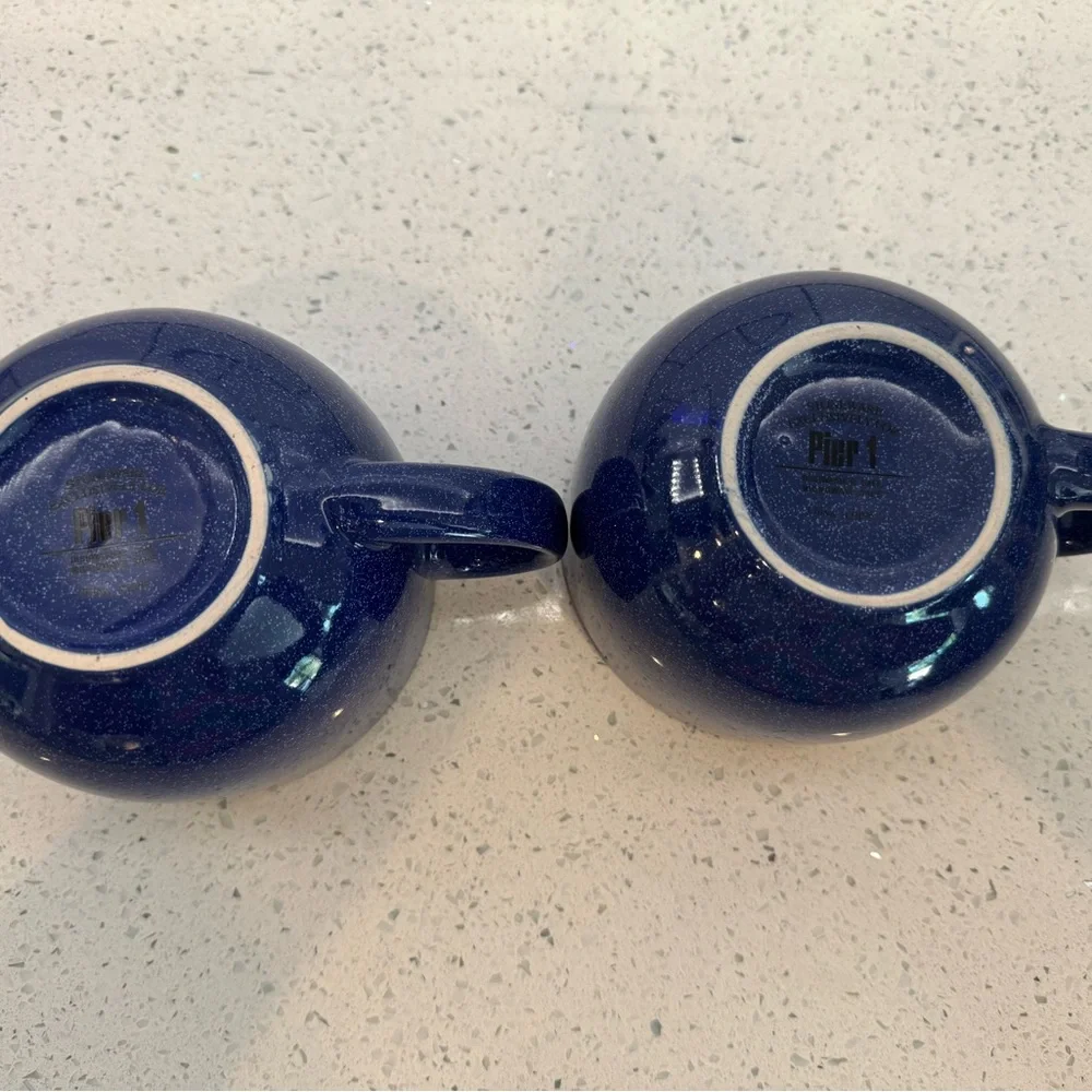 Pier 1 Imports Set of 2 Stoneware Speckled Blue Jumbo Soup or Cappuccino Mugs